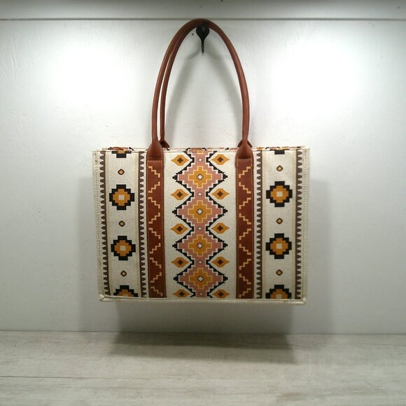 Wrangler Southwestern Aztec Mexican Style Print Canvas Wide Full Zip Tote Bag - Picture 9 of 14